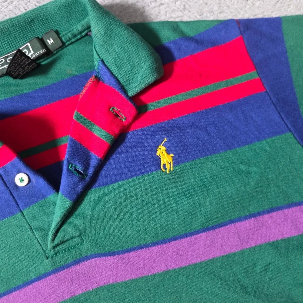 Polo Ralph Lauren Mens M Polo Shirt Green Striped Short Sleeve Vintage USA Made